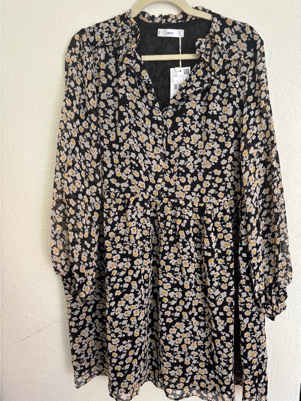 Mango Black Floral Tunic Dress with Yellow and Cream Blossoms